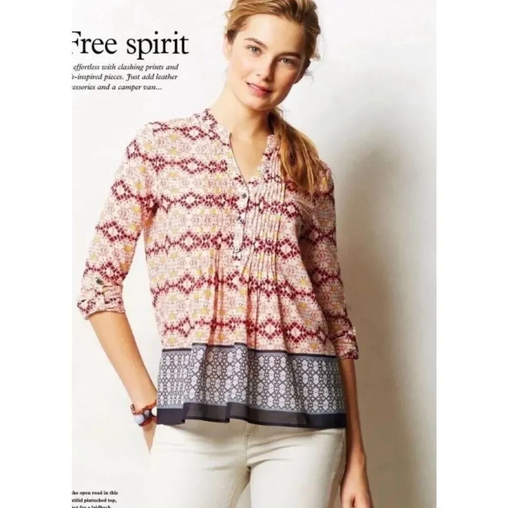 Anthropologie HD in Paris Mixed Media Abstract Print Pin-tuck Peasant Blouse 4